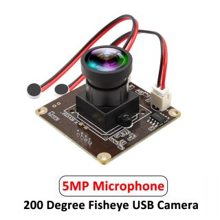 ELP 5MP Fisheye USB Camera Module 1944P 30fps Wide Angle 200 Degree and Dual Microphones Mini Lightburn Camera for Surveillance